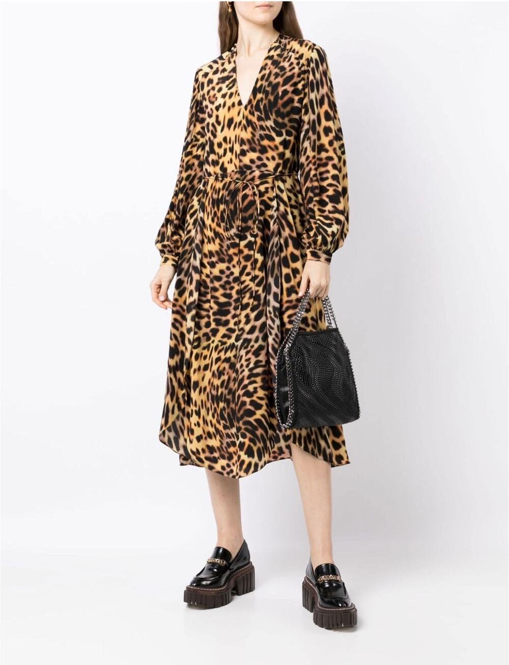Stella McCartney Leopard Print Silk Long Sleeve Midi Dress EU 38 XS